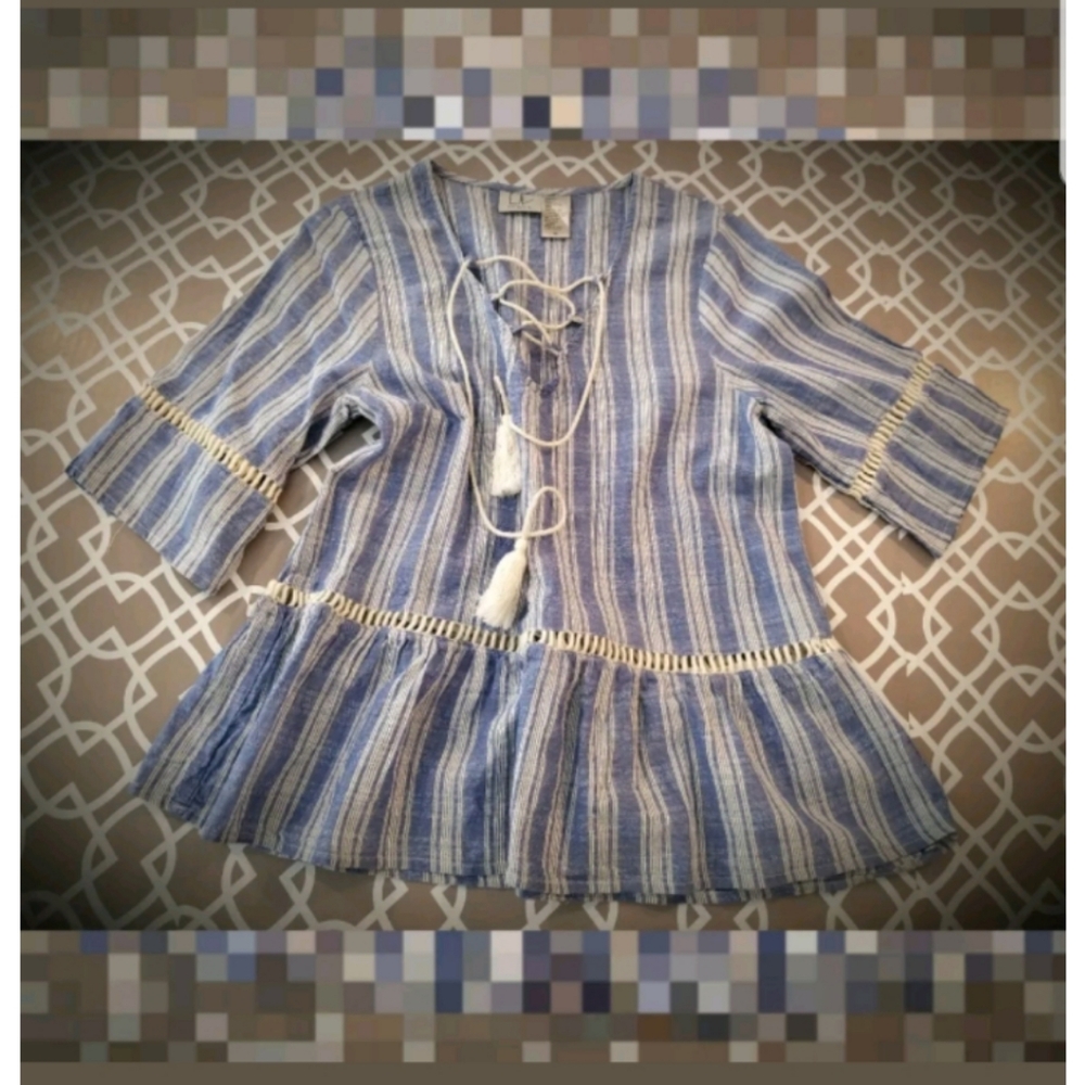 Cotton pullover top blue white casual tassels *FIRM PRICE**